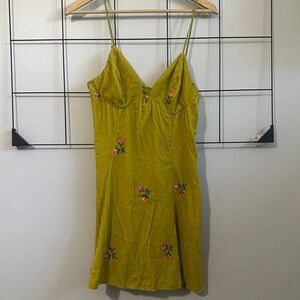 Urban Outfitters Chartreuse Mini Dress Floral Embroidery